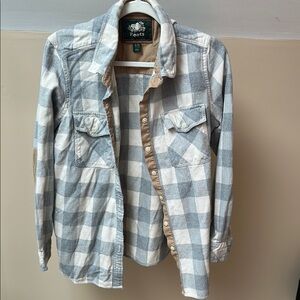 Roots Blue Chambray and Cream Button Down Thick Plaid Flannel Shirt, XL